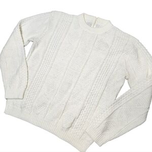 Vintage 60s White Cable Knit Woven Sweater‎ Preppy Classic Indie Academia Wool L